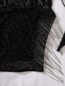 Women Chemise Black Polyester Lace Up Leopard Print Shaping Lingerie
