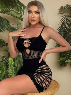 Women Chemise Cut-Out Sheath White NylonStrapless Stretch Mesh Mini Dress Lingerie
