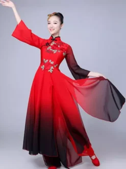 Women Chinese Costumes Embroidered Ombre Stand Collar Red Asian Holidays Costumes