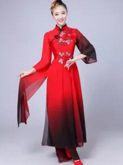 Women Chinese Costumes Embroidered Ombre Stand Collar Red Asian Holidays Costumes