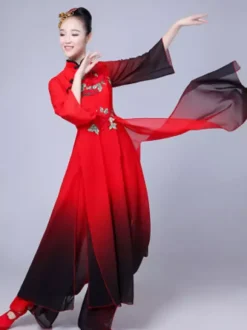 Women Chinese Costumes Embroidered Ombre Stand Collar Red Asian Holidays Costumes