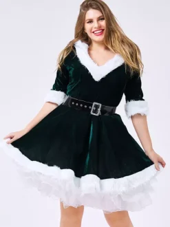 Women Christmas Costume V Neck Furry Velour Skater Dress Dark Green Holidays Costumes