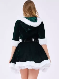 Women Christmas Costume V Neck Furry Velour Skater Dress Dark Green Holidays Costumes