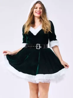 Women Christmas Costume V Neck Furry Velour Skater Dress Dark Green Holidays Costumes