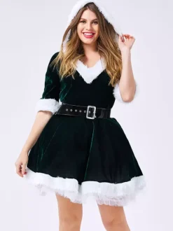 Women Christmas Costume V Neck Furry Velour Skater Dress Dark Green Holidays Costumes