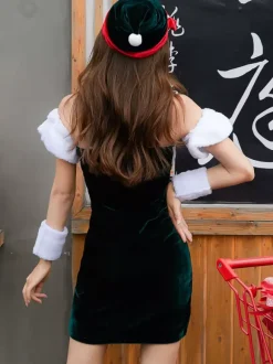 Women Christmas Dress Bow Furry Velour Christmas Holidays Costumes