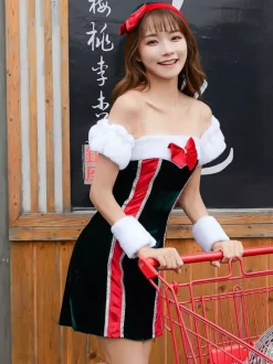 Women Christmas Dress Bow Furry Velour Christmas Holidays Costumes