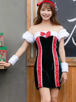 Women Christmas Dress Bow Furry Velour Christmas Holidays Costumes