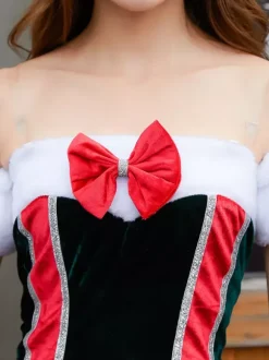 Women Christmas Dress Bow Furry Velour Christmas Holidays Costumes