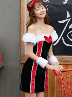 Women Christmas Dress Bow Furry Velour Christmas Holidays Costumes