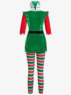 Women Christmas Tunic Dress Green Polyester Fiber Dress Hat Pantyhose Polyester Color Block Christmas Holidays Costumes