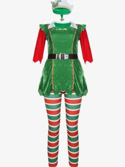 Women Christmas Tunic Dress Green Polyester Fiber Dress Hat Pantyhose Polyester Color Block Christmas Holidays Costumes
