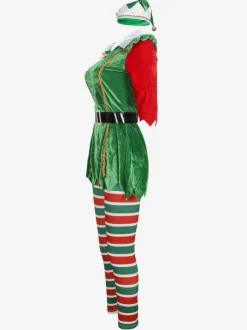 Women Christmas Tunic Dress Green Polyester Fiber Dress Hat Pantyhose Polyester Color Block Christmas Holidays Costumes
