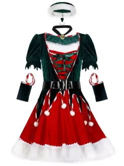 Women Christmas Tunic Dress Red Polyester Fiber Sash Hat Armwear Polyester Color Block Christmas Holidays Costumes