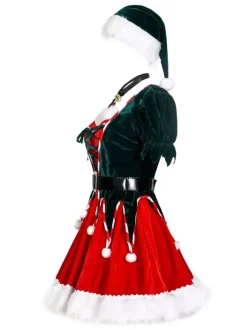 Women Christmas Tunic Dress Red Polyester Fiber Sash Hat Armwear Polyester Color Block Christmas Holidays Costumes