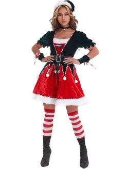 Women Christmas Tunic Dress Red Polyester Fiber Sash Hat Armwear Polyester Color Block Christmas Holidays Costumes