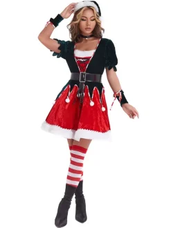 Women Christmas Tunic Dress Red Polyester Fiber Sash Hat Armwear Polyester Color Block Christmas Holidays Costumes