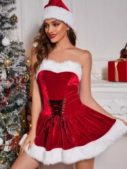 Women Christmas Tunic Dress Red Polyester Fiber Hat Dress Polyester Color Block Christmas Holidays Costumes