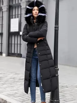 Women Coat Belted Removable Faux Fur Collar Hooded Full Length Winter Coat