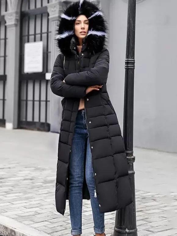 Women Coat Belted Removable Faux Fur Collar Hooded Full Length Winter Coat