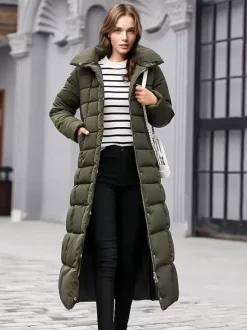 Women Coat Belted Removable Faux Fur Collar Hooded Full Length Winter Coat