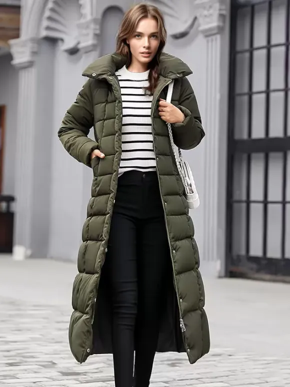 Women Coat Belted Removable Faux Fur Collar Hooded Full Length Winter Coat