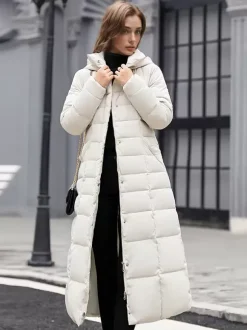 Women Coat Belted Removable Faux Fur Collar Hooded Full Length Winter Coat