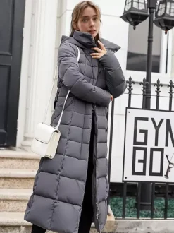 Women Coat Belted Removable Faux Fur Collar Hooded Full Length Winter Coat