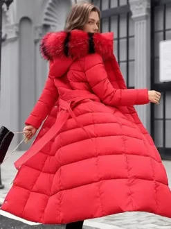 Women Coat Belted Removable Faux Fur Collar Hooded Full Length Winter Coat