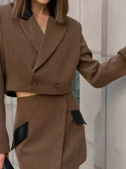 Women Contrast Leather Collar Cropped Blazer Wrap Mini Skirt 2 Piece Suit Set