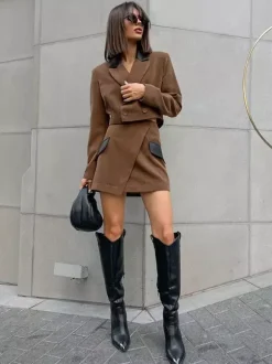 Women Contrast Leather Collar Cropped Blazer Wrap Mini Skirt 2 Piece Suit Set