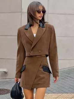 Women Contrast Leather Collar Cropped Blazer Wrap Mini Skirt 2 Piece Suit Set