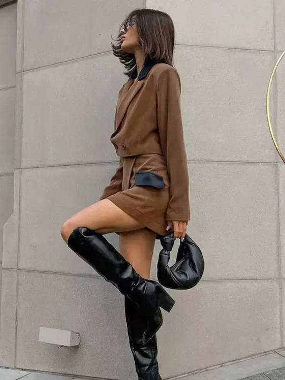 Women Contrast Leather Collar Cropped Blazer Wrap Mini Skirt 2 Piece Suit Set