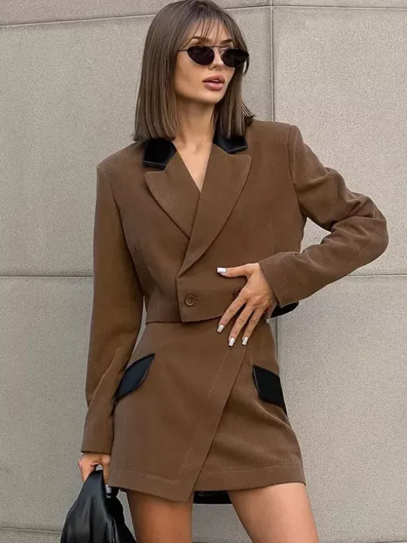Women Contrast Leather Collar Cropped Blazer Wrap Mini Skirt 2 Piece Suit Set