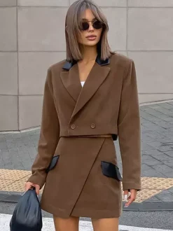 Women Contrast Leather Collar Cropped Blazer Wrap Mini Skirt 2 Piece Suit Set