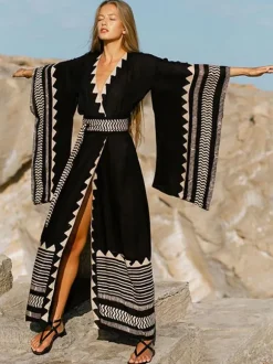 Women Cover Ups Black Color Block Long Sleeves Summer Sexy Swimwear