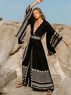 Women Cover Ups Black Color Block Long Sleeves Summer Sexy Swimwear