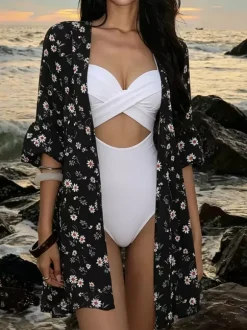 Women Cover Ups Black Floral Print Half Sleeves Summer Beach Swimwear