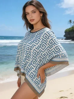 Women Cover Ups Blue Polyester Summer Beach Bathing Suits