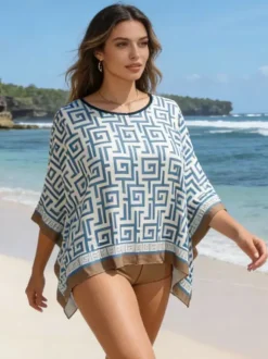 Women Cover Ups Blue Polyester Summer Beach Bathing Suits