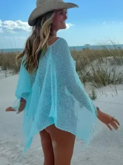 Women Cover Ups Light Sky Blue Off-The-Shoulder Summer Beach Bathing Suits