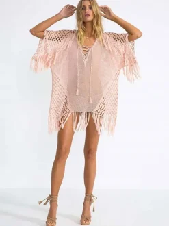 Women Cover Ups White Fringe V-Neck Half Sleeves Oversized Acrylic Summer Sexy Swimming Suits