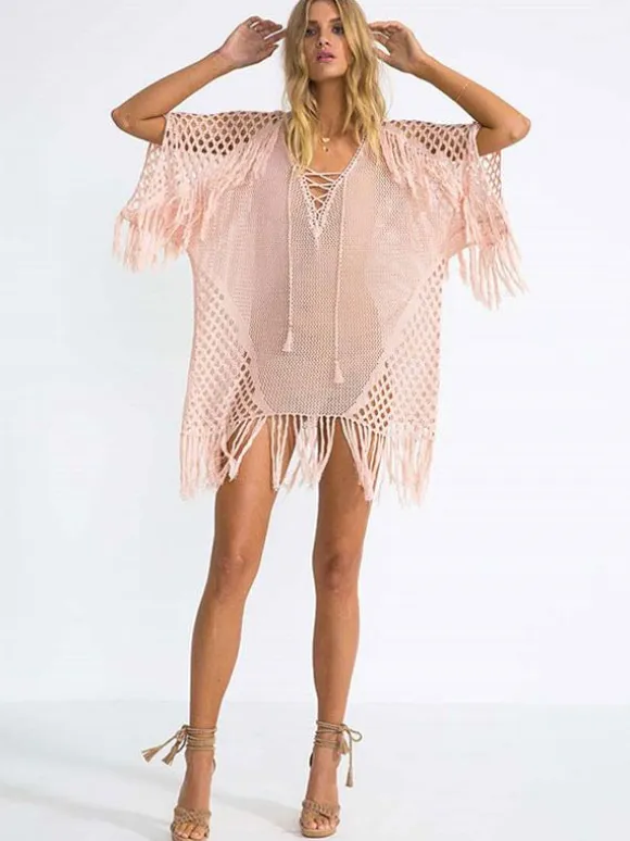 Women Cover Ups White Fringe V-Neck Half Sleeves Oversized Acrylic Summer Sexy Swimming Suits
