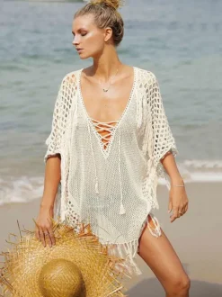 Women Cover Ups White Fringe V-Neck Half Sleeves Oversized Acrylic Summer Sexy Swimming Suits