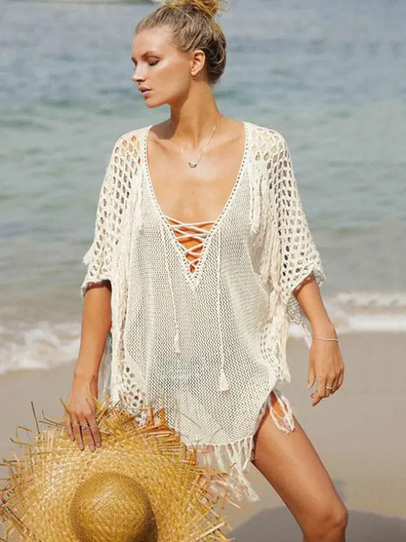 Women Cover Ups White Fringe V-Neck Half Sleeves Oversized Acrylic Summer Sexy Swimming Suits