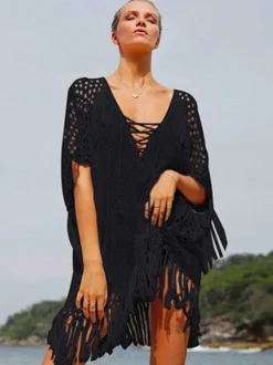 Women Cover Ups White Fringe V-Neck Half Sleeves Oversized Acrylic Summer Sexy Swimming Suits