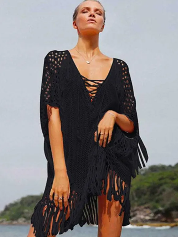 Women Cover Ups White Fringe V-Neck Half Sleeves Oversized Acrylic Summer Sexy Swimming Suits