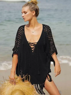 Women Cover Ups White Fringe V-Neck Half Sleeves Oversized Acrylic Summer Sexy Swimming Suits