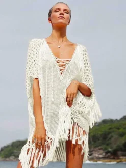 Women Cover Ups White Fringe V-Neck Half Sleeves Oversized Acrylic Summer Sexy Swimming Suits
