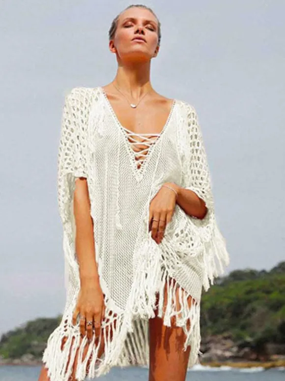 Women Cover Ups White Fringe V-Neck Half Sleeves Oversized Acrylic Summer Sexy Swimming Suits